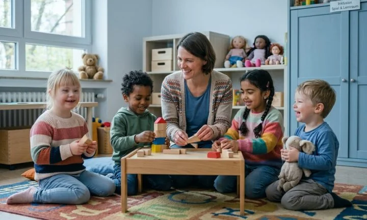 Auf dem Bild ist eine erwachsene Person und vier Kinder. Alle Personen sitzen um einen niedrigen Tisch auf dem verschiedene Spielsachen sind.